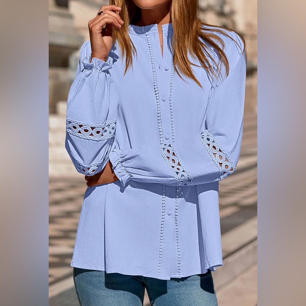Light Blue Peasant Embroidered Top | Long Sleeve & Buttons | Cotton | M | New